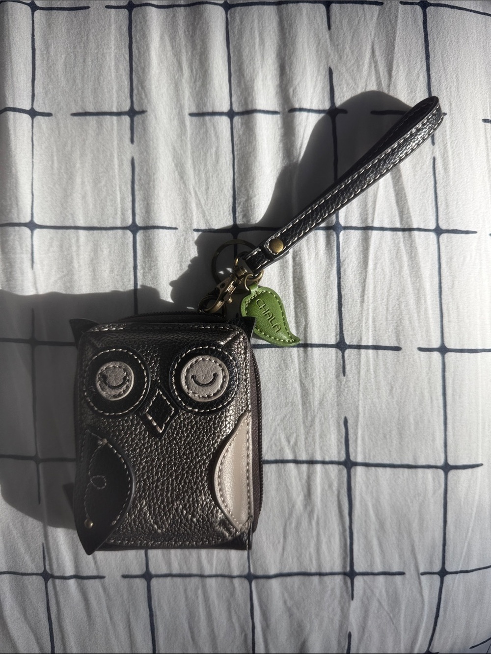 Chala Black and Gray Owl Wristlet Wallet with Green Tag